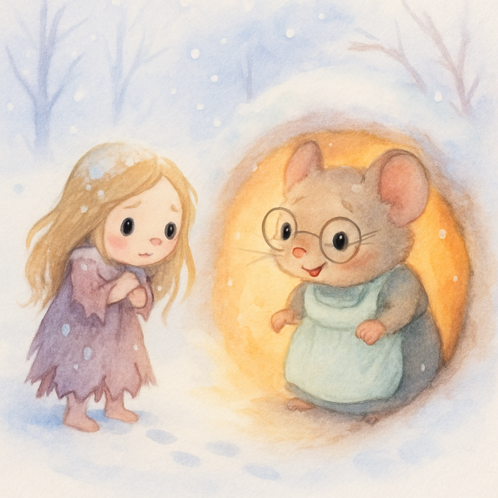 추운 겨울, 들쥐 아주머니가 엄지공주를 구해주는 장면