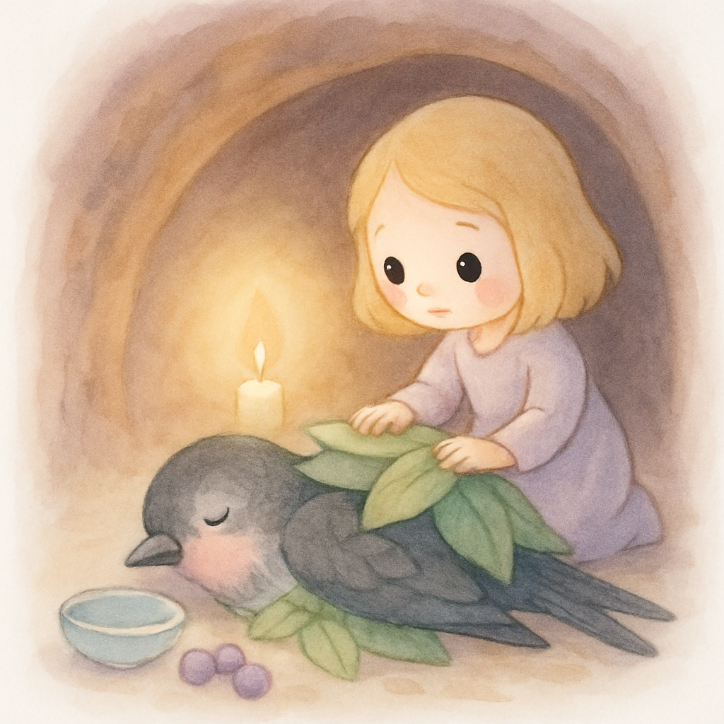 엄지공주가 다친 제비를 돌보는 장면