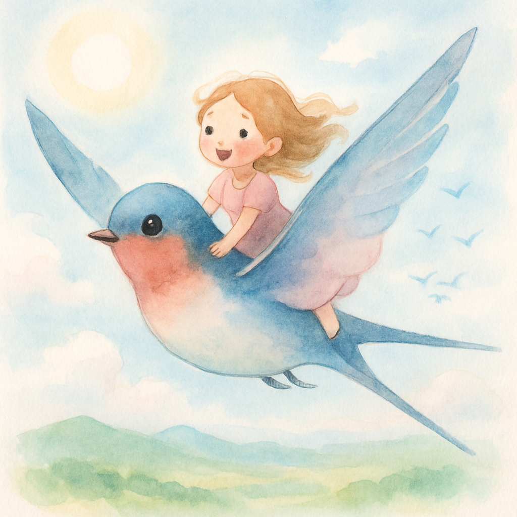 제비가 엄지공주를 구하러 와서 함께 날아가는 장면