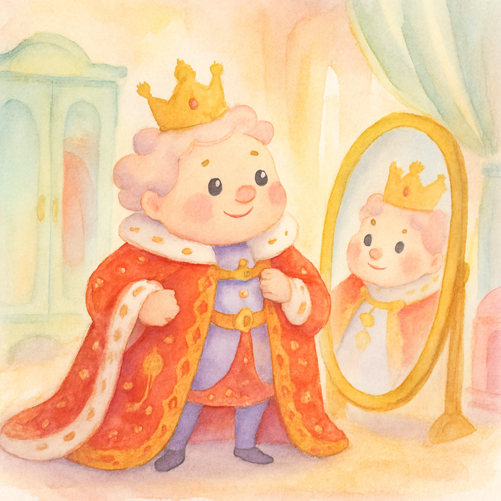 옷을 매우 좋아하는 임금님이 화려한 옷들로 가득한 옷장 앞에서 다양한 색깔의 옷들을 바라보는 장면