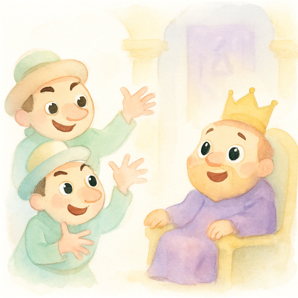 두 명의 사기꾼이 왕궁에 나타나 임금님에게 특별한 옷에 대해 설명하는 장면