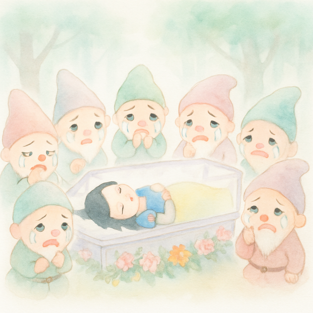 유리 관에 누운 백설공주를 보고 우는 일곱 난쟁이들