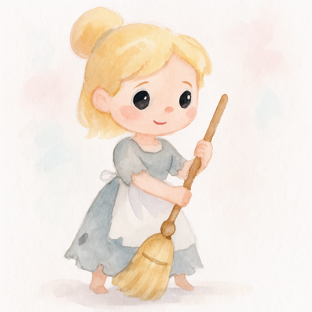 신데렐라가 낡은 옷을 입고 빗자루로 바닥을 쓸며 집안일을 하는 모습