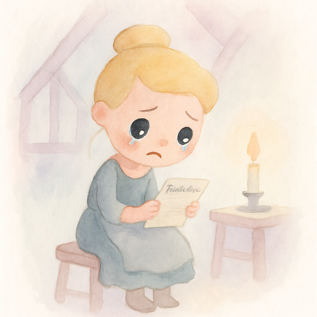 신데렐라가 무도회 초대장을 보며 슬퍼하는 모습