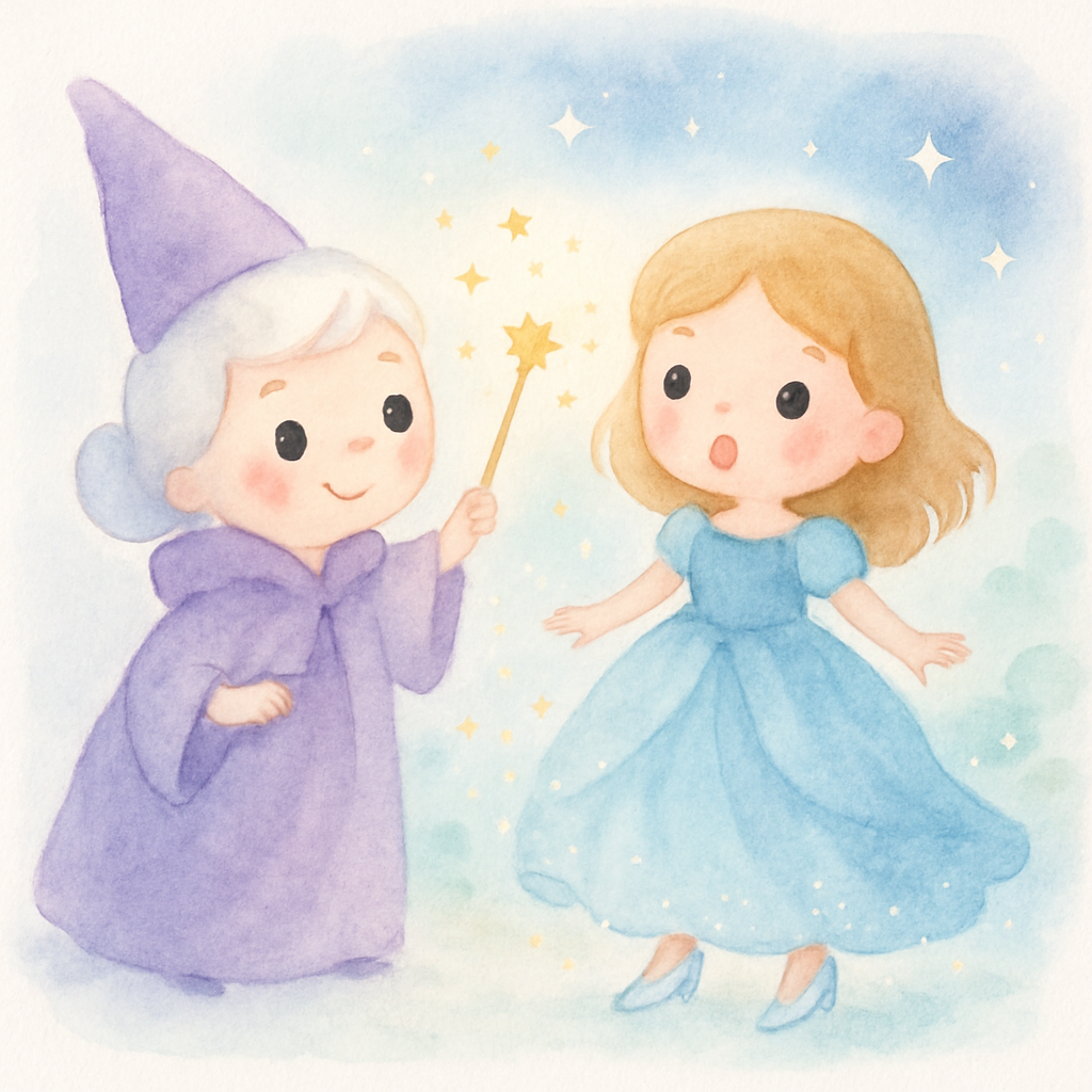 요정 할머니가 마법 지팡이를 흔들어 신데렐라의 옷을 파란 드레스로 변하게 하는 장면