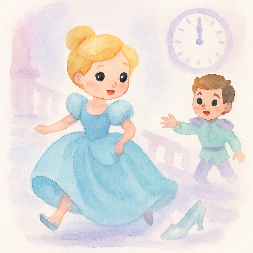 신데렐라가 12시 종소리에 놀라 계단을 내려가며 유리 구두를 떨어뜨리는 장면