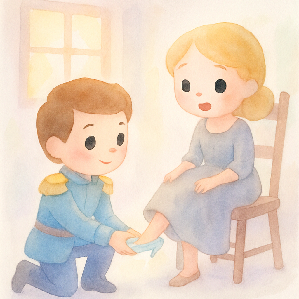 왕자님이 신데렐라의 집에서 유리 구두를 신겨보는 장면