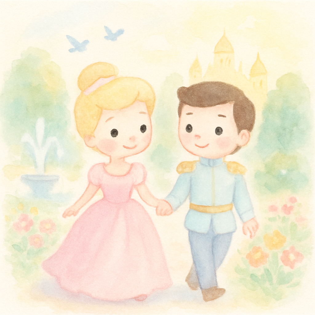 신데렐라와 왕자님이 왕궁 정원에서 행복하게 산책하는 모습