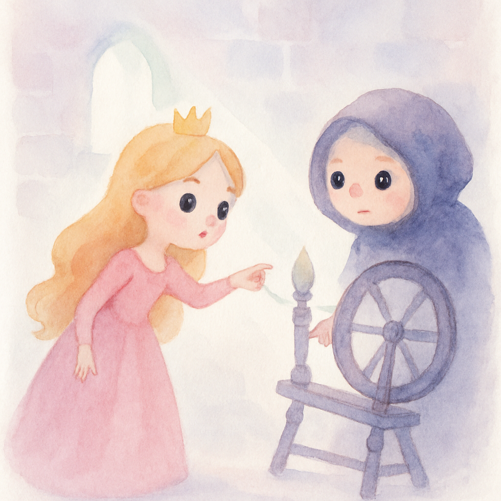 열여섯 살 공주가 탑에서 물레를 발견하고 손가락을 찔리는 장면