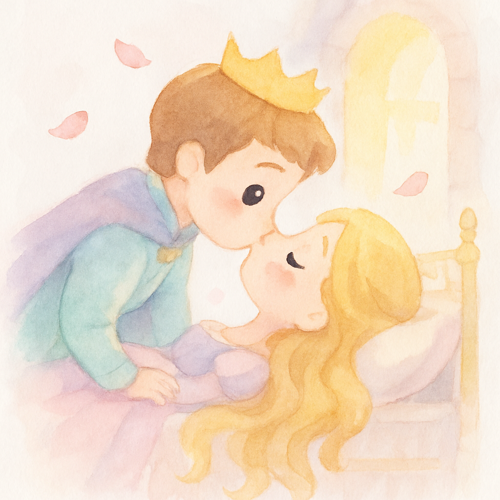 왕자가 탑에서 잠든 공주를 발견하고 키스하는 장면