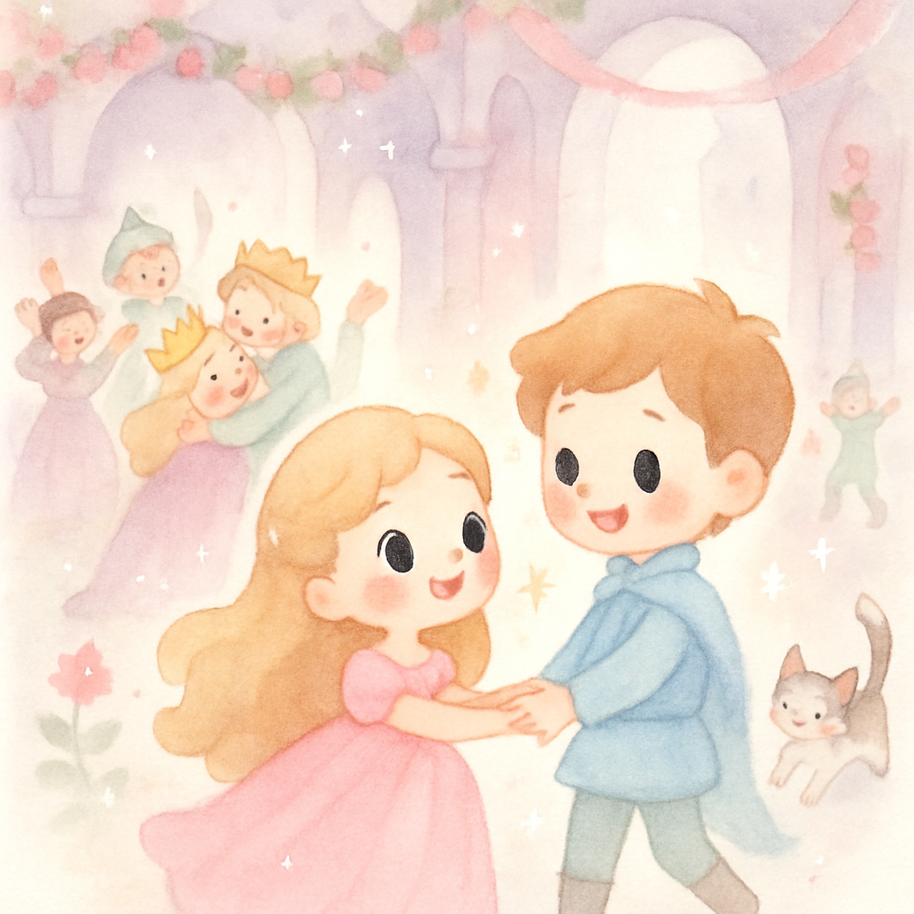 공주가 깨어나고 성 전체가 다시 살아나며 왕자와 공주가 행복한 결말을 맞는 장면