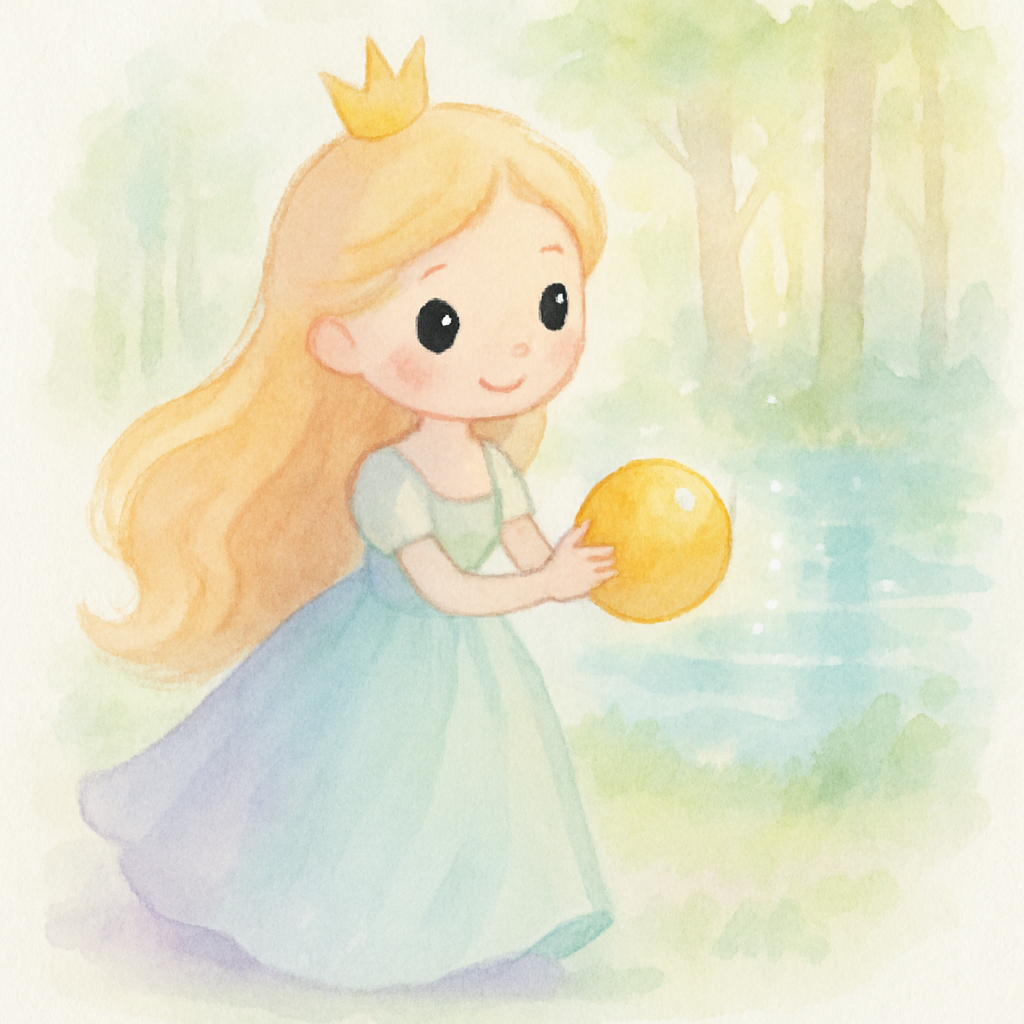 공주가 숲속 연못가에서 금색 공을 가지고 놀고 있는 장면