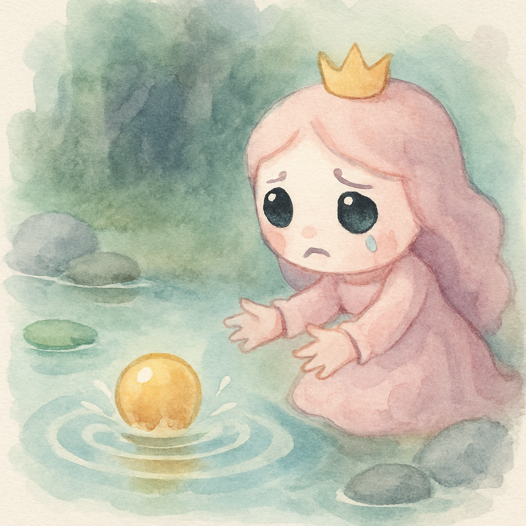 금색 공이 연못에 풍덩 빠지고 공주가 우는 장면