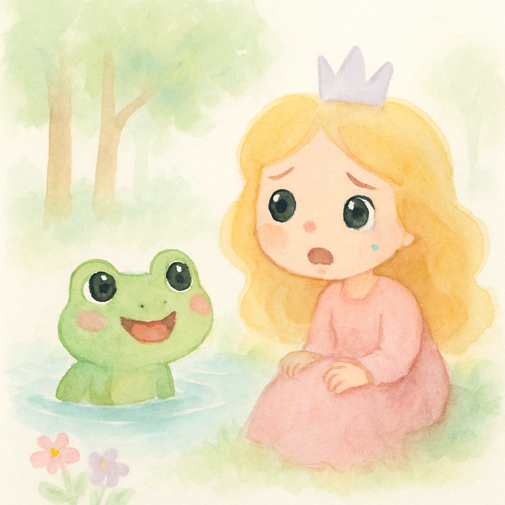 초록색 개구리가 연못에서 나와 우는 공주에게 말을 거는 장면