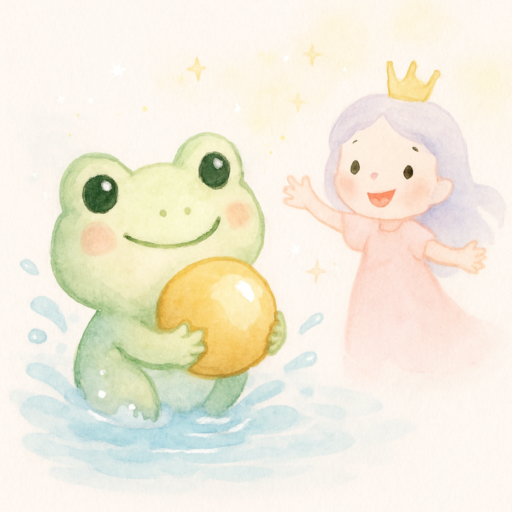 개구리가 금색 공을 들고 연못에서 올라오는 장면