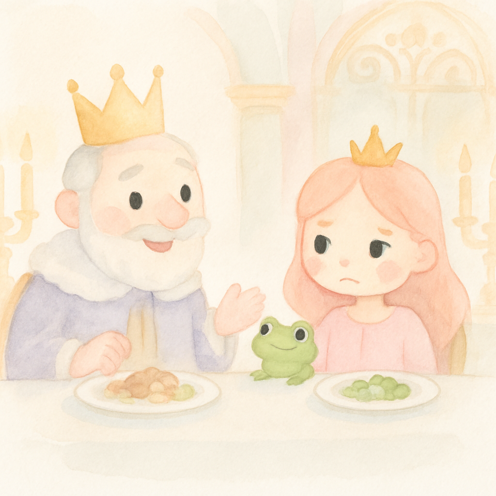 왕궁 식탁에서 왕과 공주, 그리고 개구리가 함께 식사하는 장면