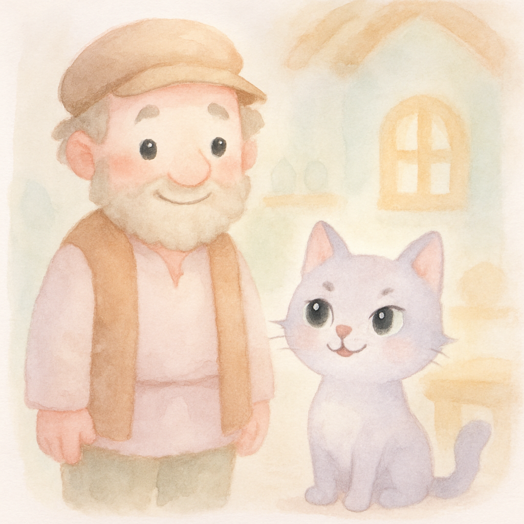 가난한 아저씨와 말하는 고양이가 함께 있는 장면