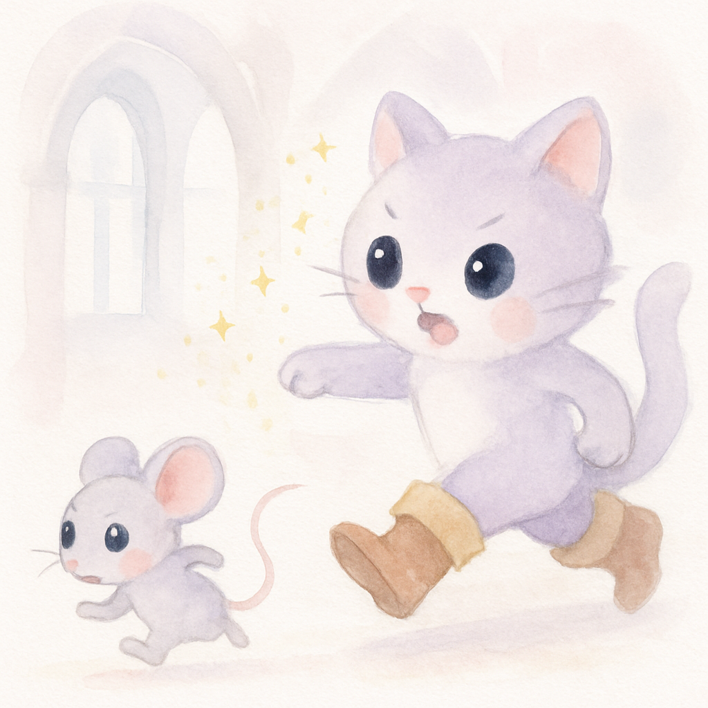 마법사가 작은 생쥐로 변하고 고양이가 쫓아가는 장면