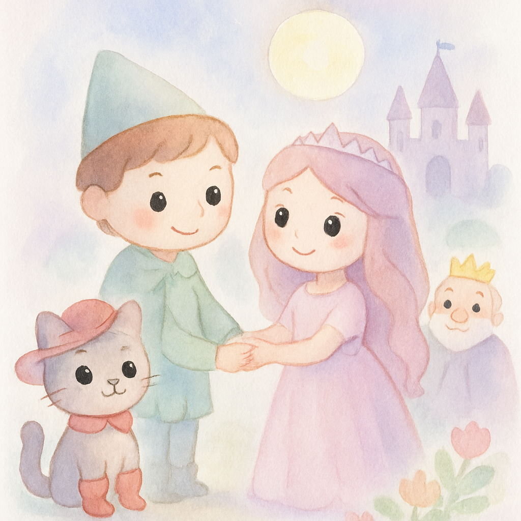주인과 공주가 결혼하고 고양이가 옆에서 행복하게 지내는 장면