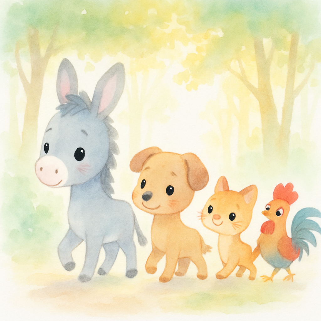 당나귀, 개, 고양이, 수탉이 모두 모여 함께 브레멘으로 걸어가는 장면