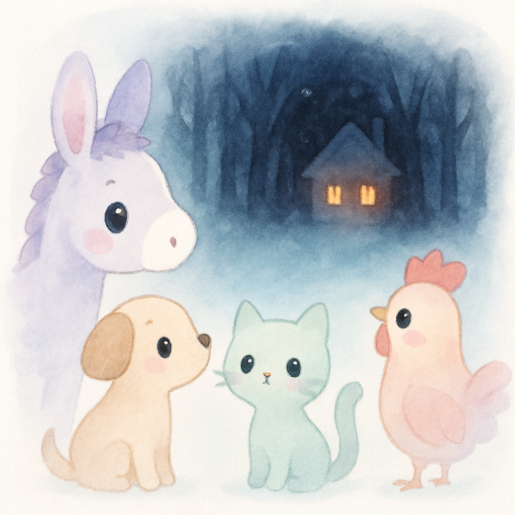 네 친구가 숲속에서 불빛이 보이는 도둑들의 집을 발견하는 장면