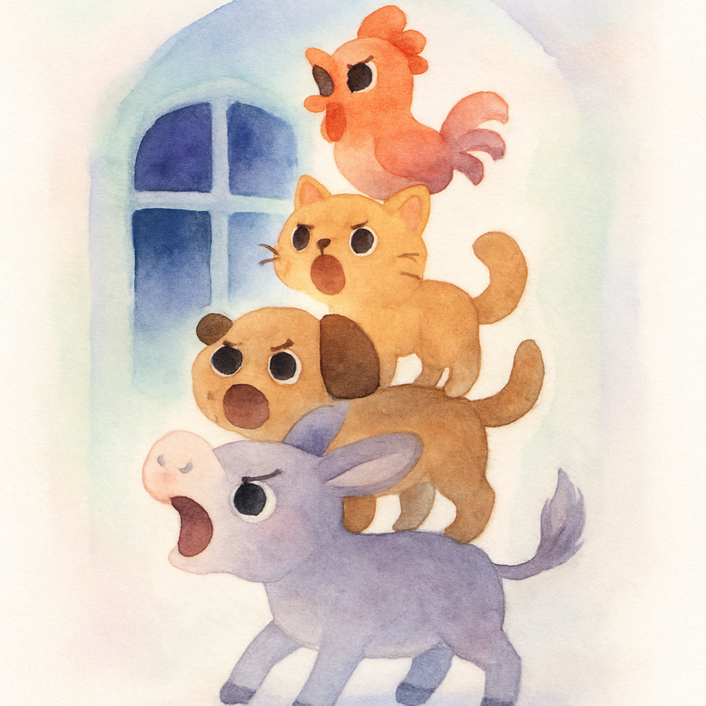 동물들이 탑처럼 쌓여서 큰 소리를 내는 장면 - 당나귀 위에 개, 개 위에 고양이, 맨 위에 수탉