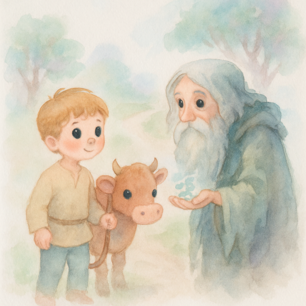 잭이 할아버지와 마법의 콩을 교환하는 장면