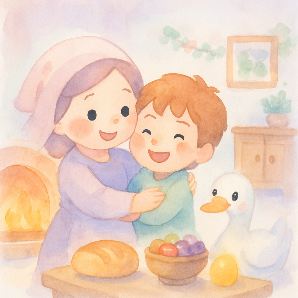 황금 거위와 함께 행복하게 사는 잭과 엄마