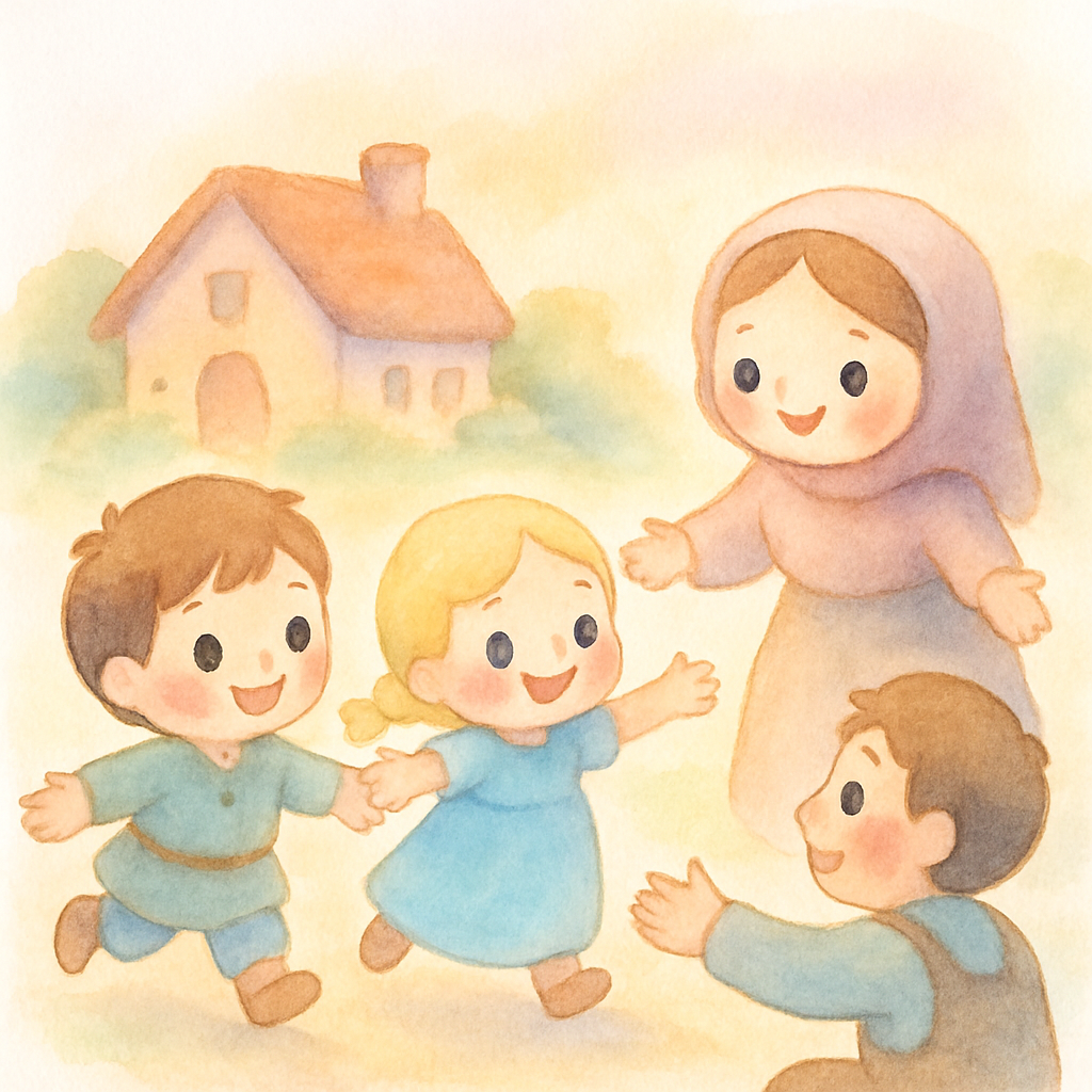 집에 도착해 엄마 아빠와 재회하며 안기는 헨젤과 그레텔