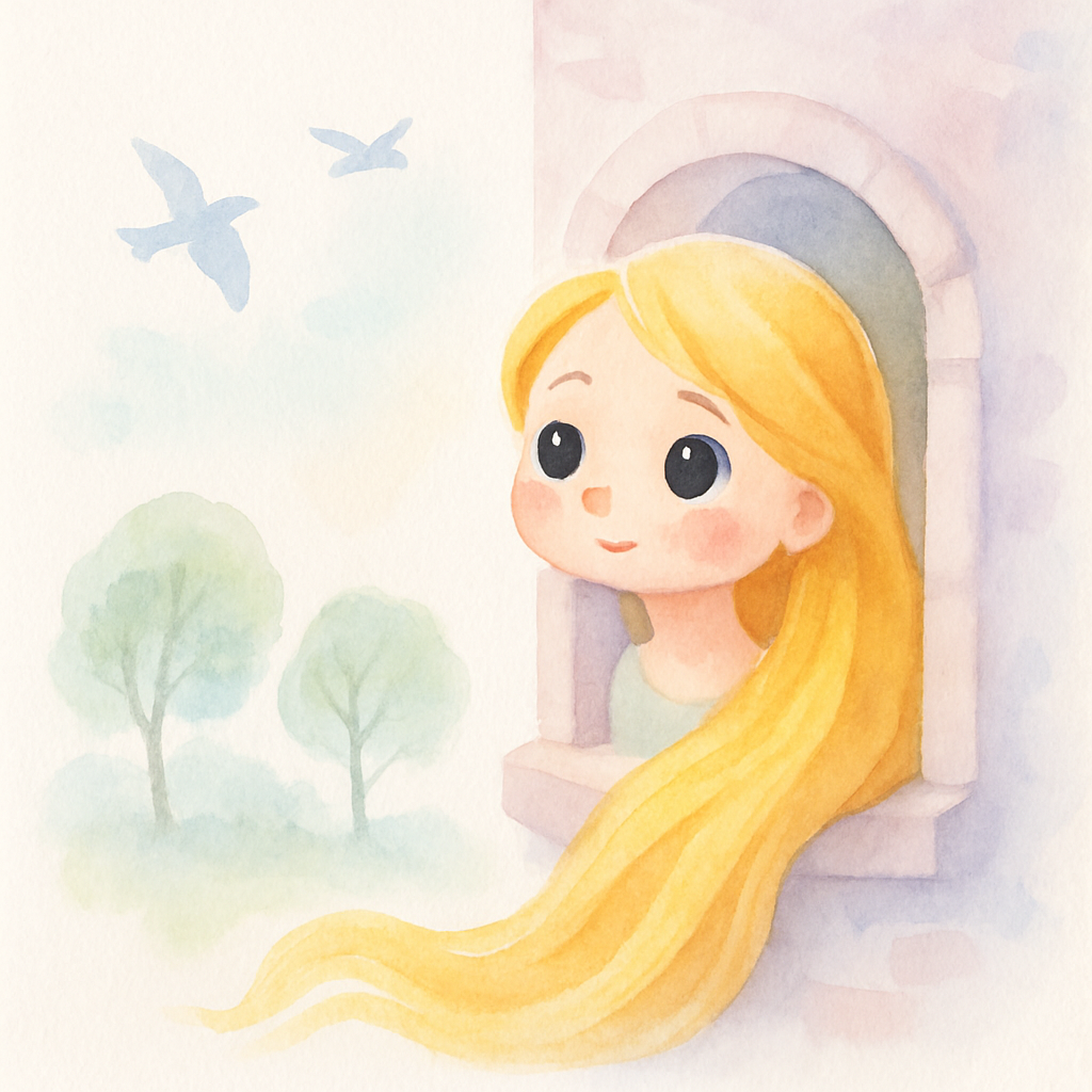 라푼젤이 탑 창문에서 밖을 바라보며 새들과 나무를 바라보는 장면