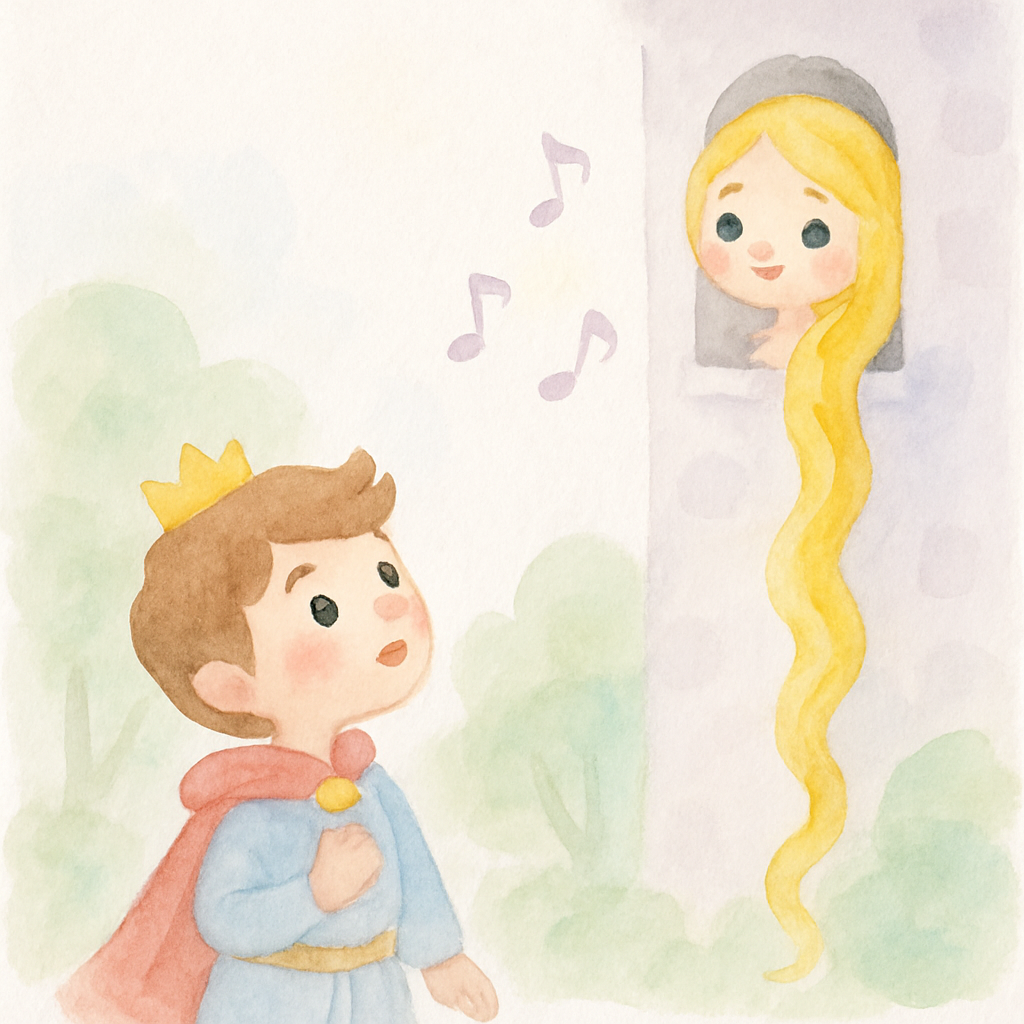 왕자가 숲에서 라푼젤의 노래를 듣고 탑 아래에서 위를 올려다보는 장면