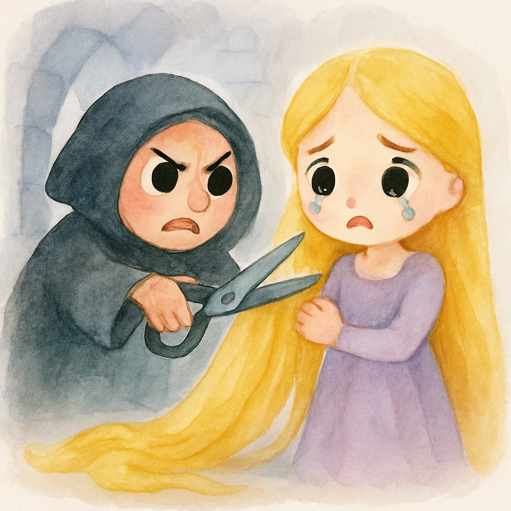 화난 마녀가 라푼젤의 긴 머리카락을 가위로 자르는 장면