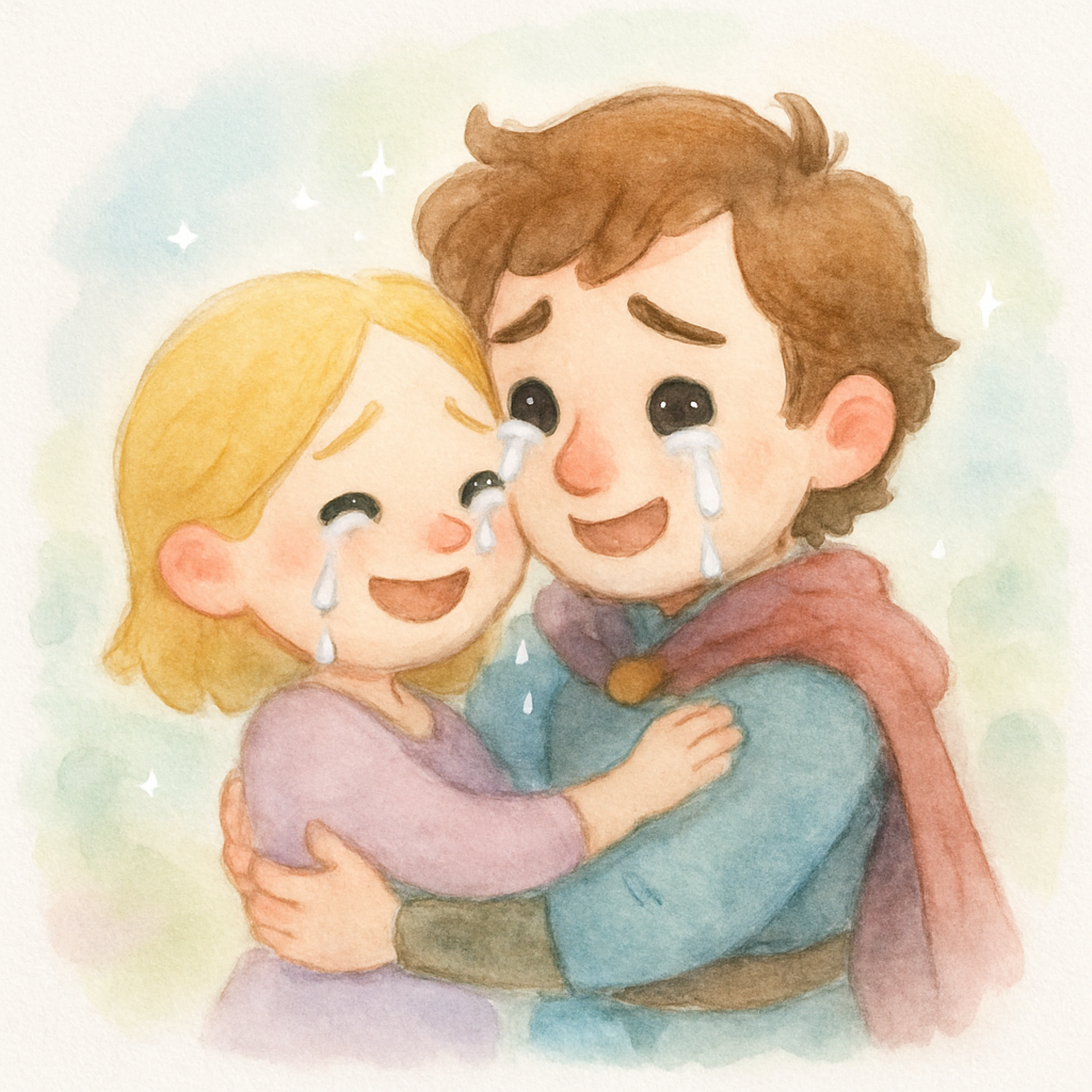 왕자가 마침내 라푼젤을 찾아 두 사람이 재회하며 기쁨의 눈물을 흘리는 장면