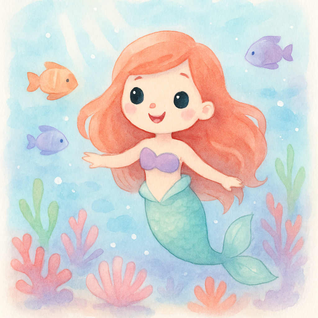 빨간 머리칼의 인어 공주가 아름다운 산호 사이를 헤엄치는 바닷속 장면