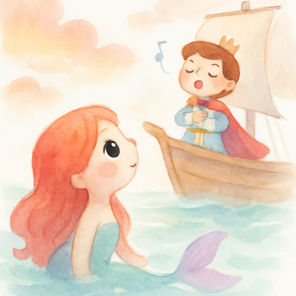 인어 공주가 물 위로 올라와 배 위의 왕자님을 바라보는 장면