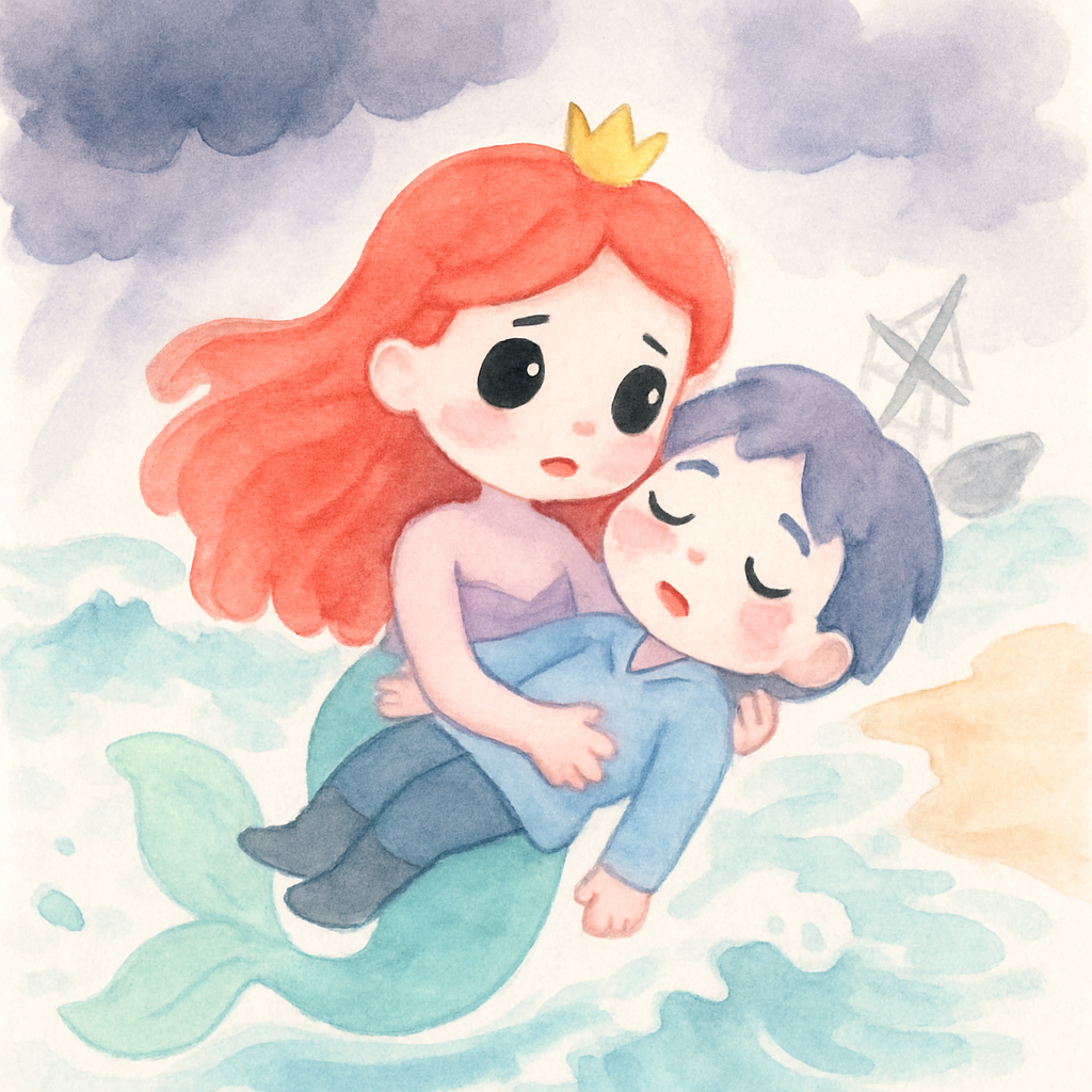 인어 공주가 바다에 빠진 왕자님을 구해 해변으로 데려가는 장면