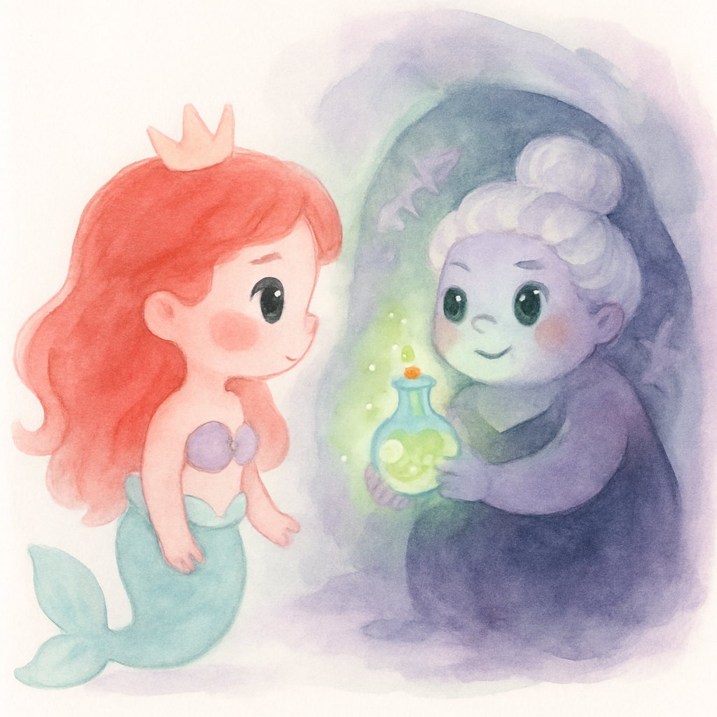 어두운 동굴에서 인어 공주가 바다 마녀와 마주하며 마법 약을 받는 장면