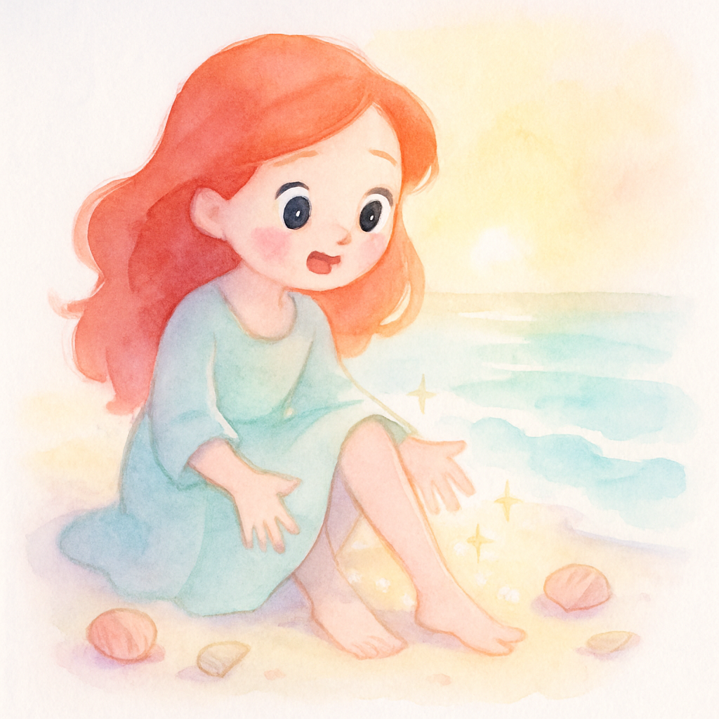 인어 공주가 해변에서 깨어나 물고기 꼬리 대신 다리가 생긴 것을 발견하는 장면