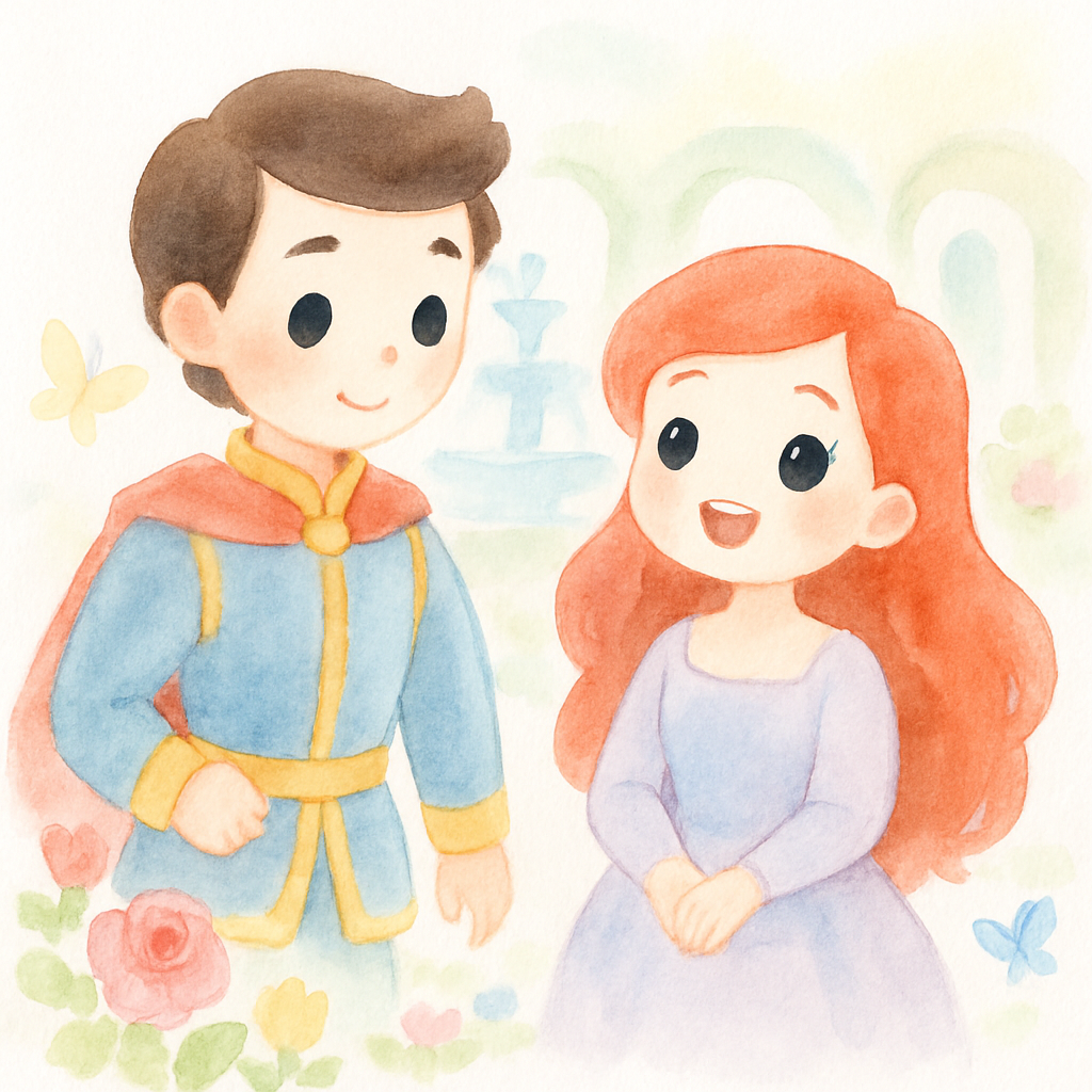 왕자님과 인어 공주가 궁전 정원을 함께 산책하는 장면