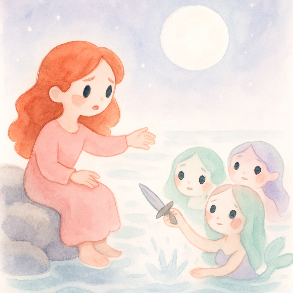 밤 바닷가에서 인어 공주가 언니들로부터 칼을 받지만 바다에 던지는 장면