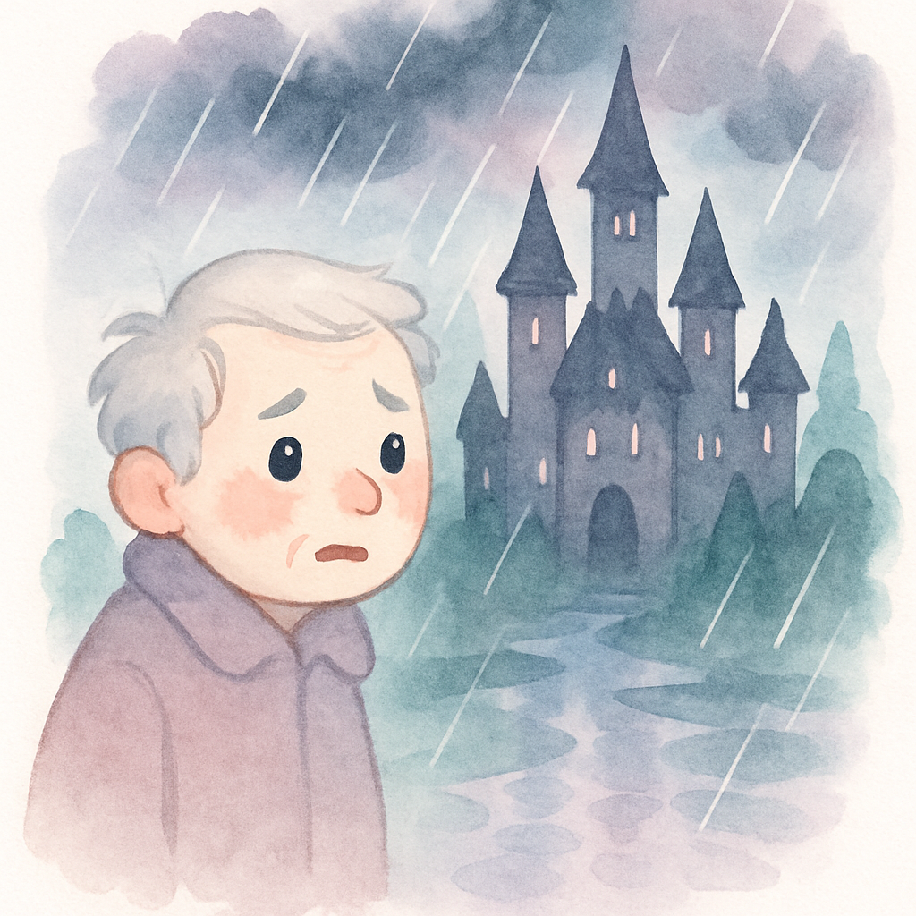 아빠가 비 오는 숲속에서 성을 발견하는 장면