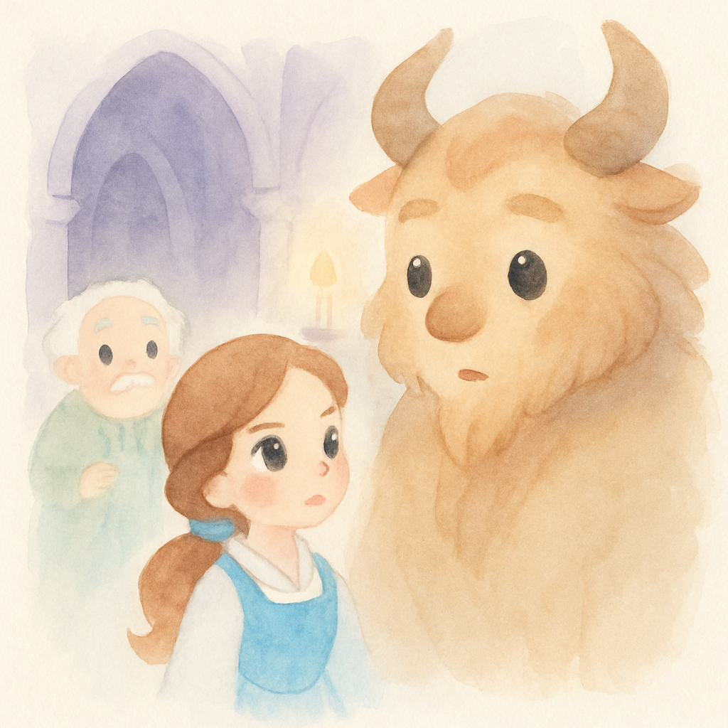 벨이 야수와 처음 만나 아빠 대신 성에 남기로 하는 장면