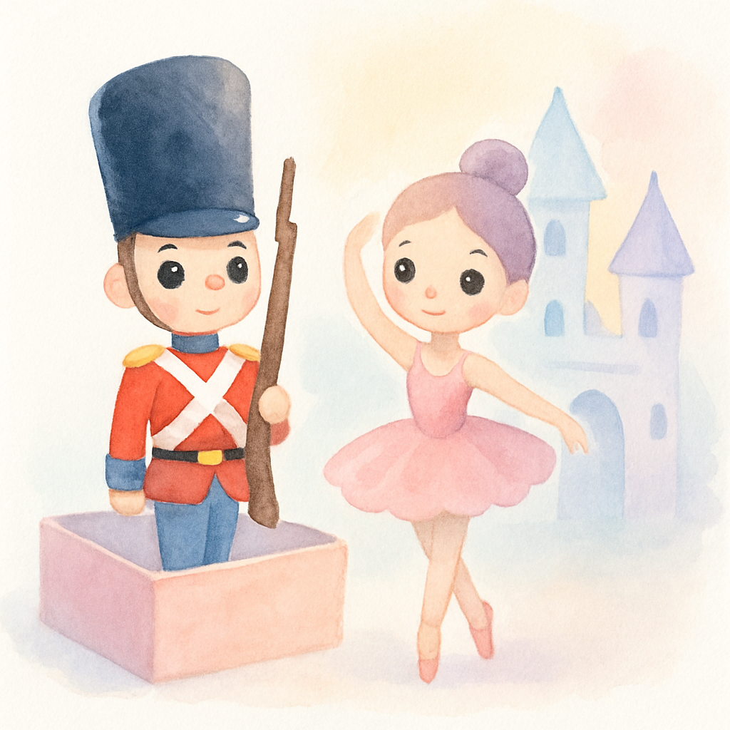 장난감 상자 속의 주석 병정과 종이 성 앞의 발레리나 인형