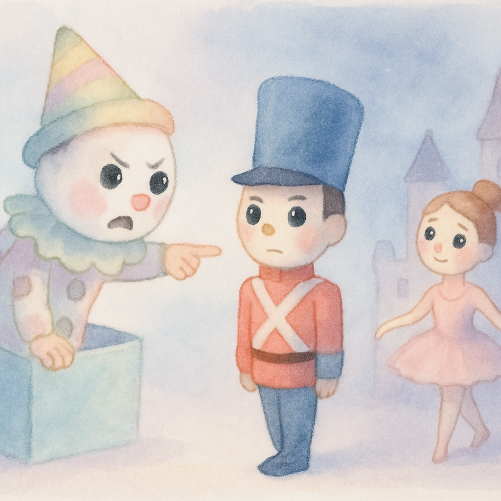 상자에서 튀어나온 심술쟁이 광대가 주석 병정을 위협하는 장면