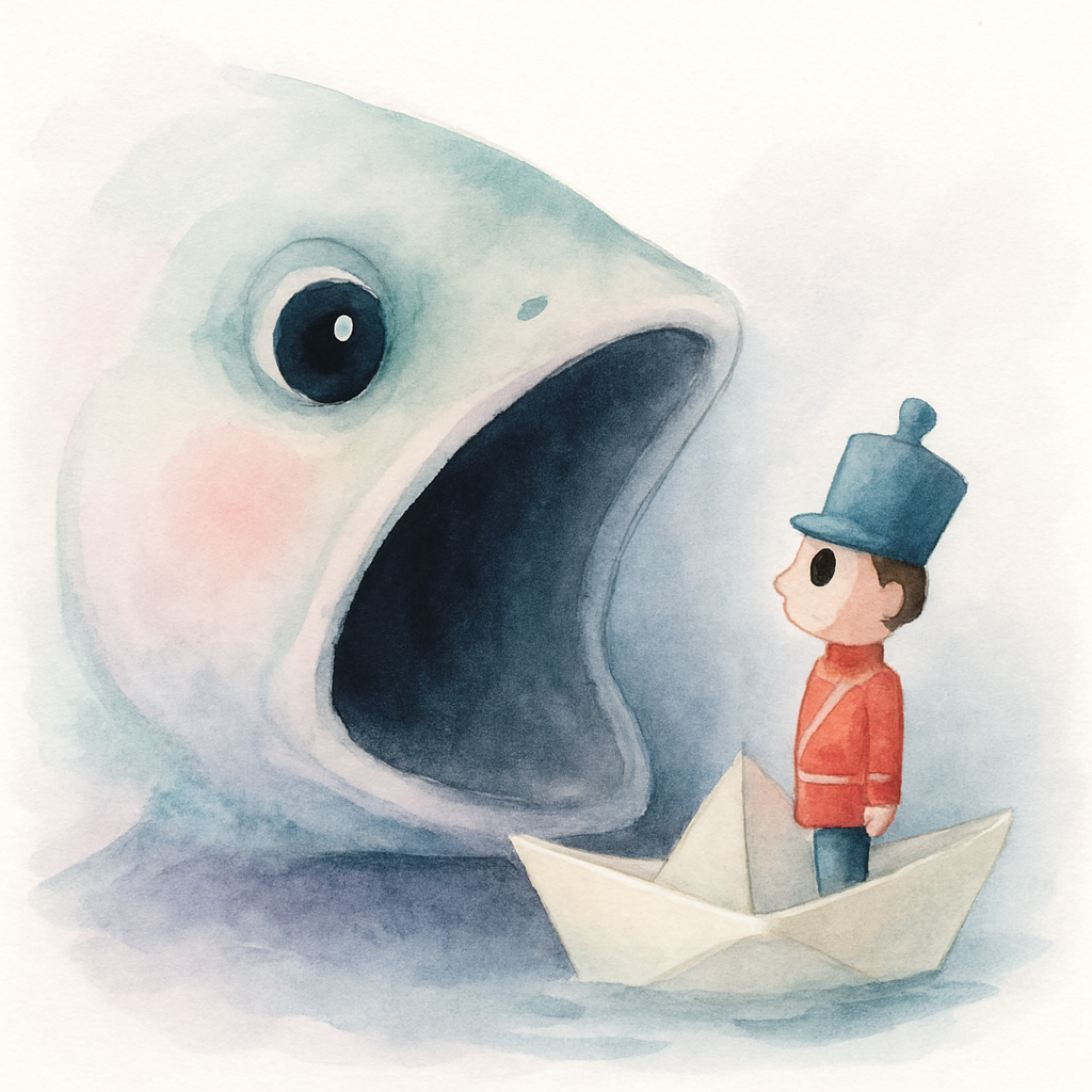 큰 물고기가 입을 벌려 종이배와 병정을 삼키는 장면