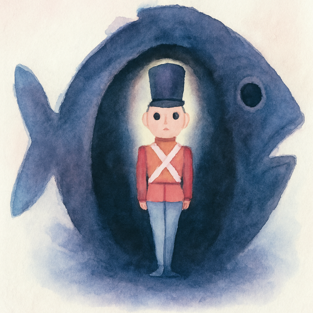 물고기 배 속의 어둠 속에서 꿋꿋이 서있는 병정