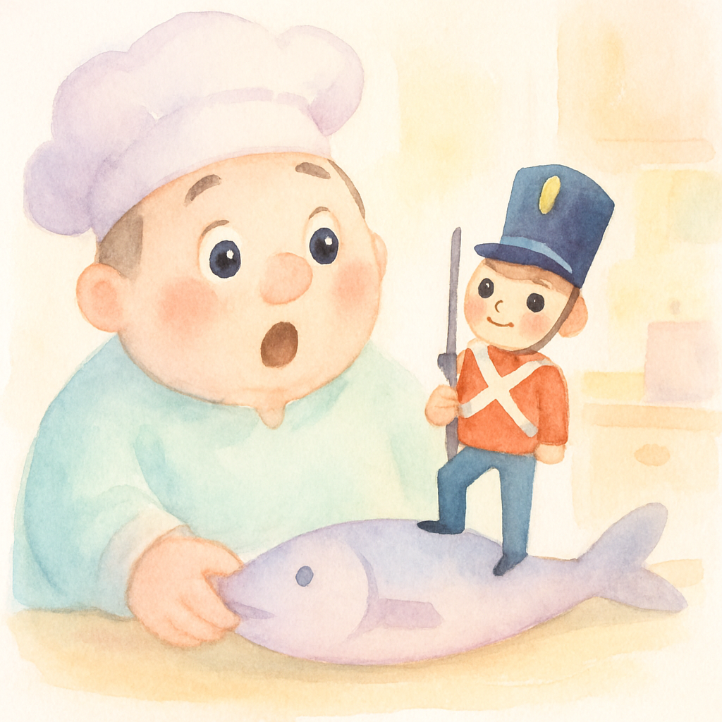 요리사 아줌마가 물고기 배 속에서 병정을 꺼내는 장면