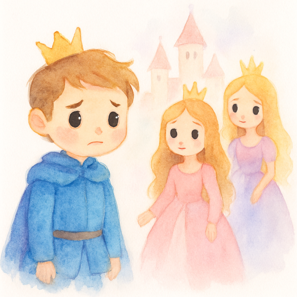 왕자가 여러 나라를 여행하며 공주들을 만나지만 실망하는 장면