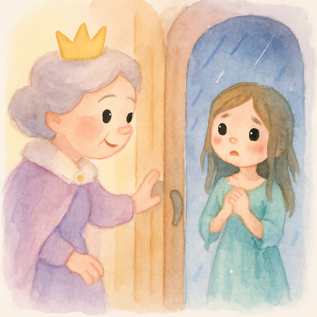 할머니 왕비가 문을 열고 젖은 아가씨를 맞이하는 장면