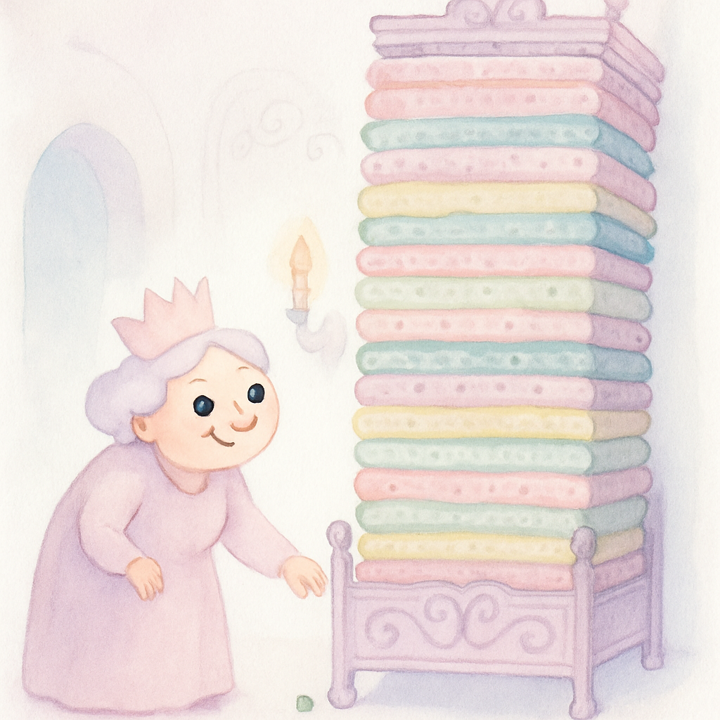 할머니 왕비가 침대 밑에 완두콩을 놓고 이불 20개를 쌓는 장면